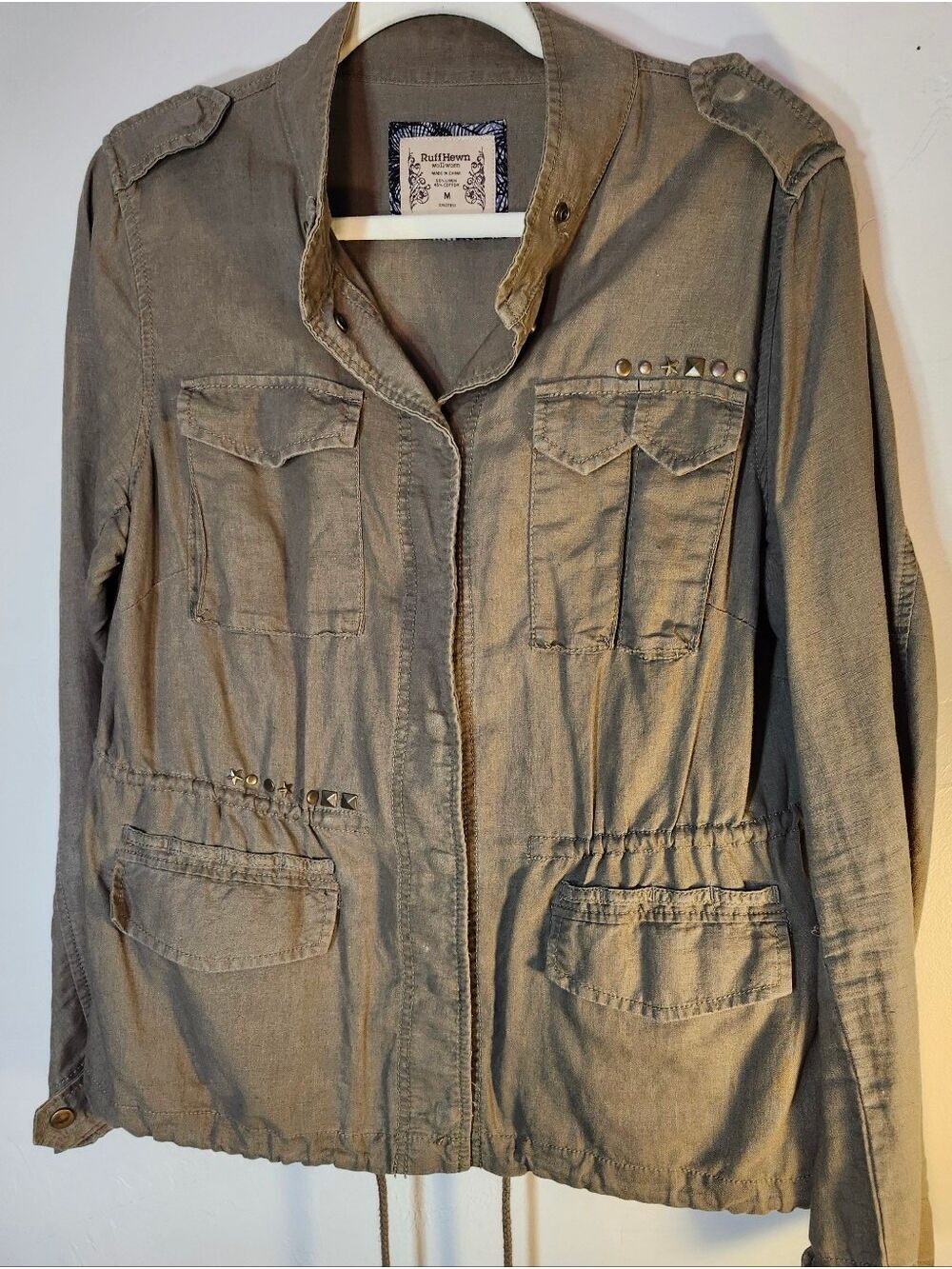 Ruff Hewn Olive Green Utility Jacket with Stud Accents Linen/Cotton